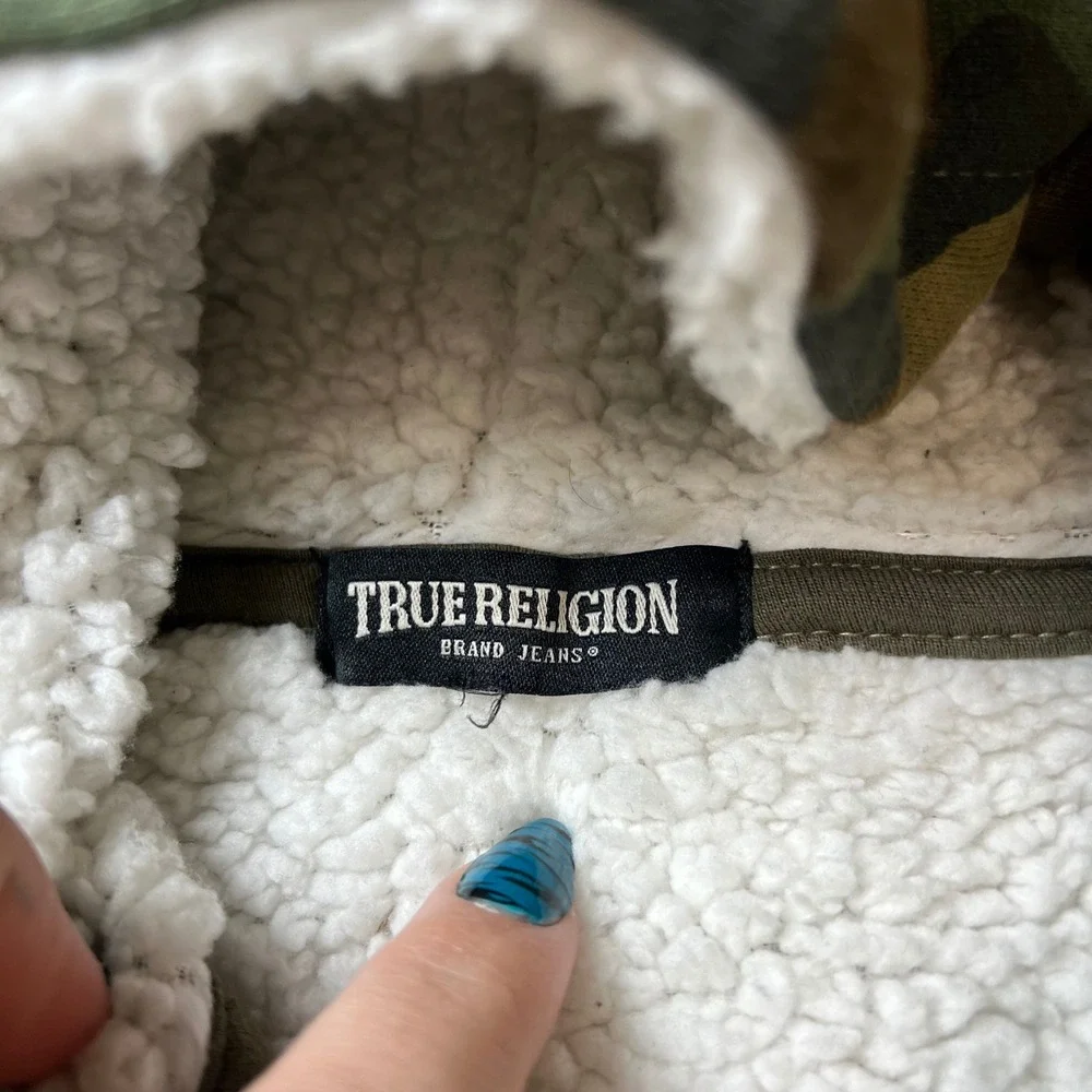 True Religion Hoodie Mens Camo Sherpa Lined Buddha Graphic Full Zip Jacket